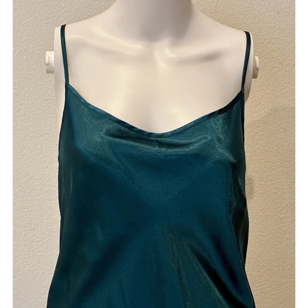 Teal Satin Midi Slip Dress Size XL Cowl Neck Side Slit Soft Glam 90s Style Fairy - Picture 4 of 14
